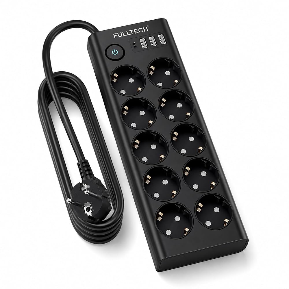Çoklu Priz 10’lu Grup Priz USB’li (3x USB-A, 1x USB-C), 3680W 16A, 2 Metre Kablo, Topraklı Uzatma Kablosu, Ev Ofis Gaming İçin