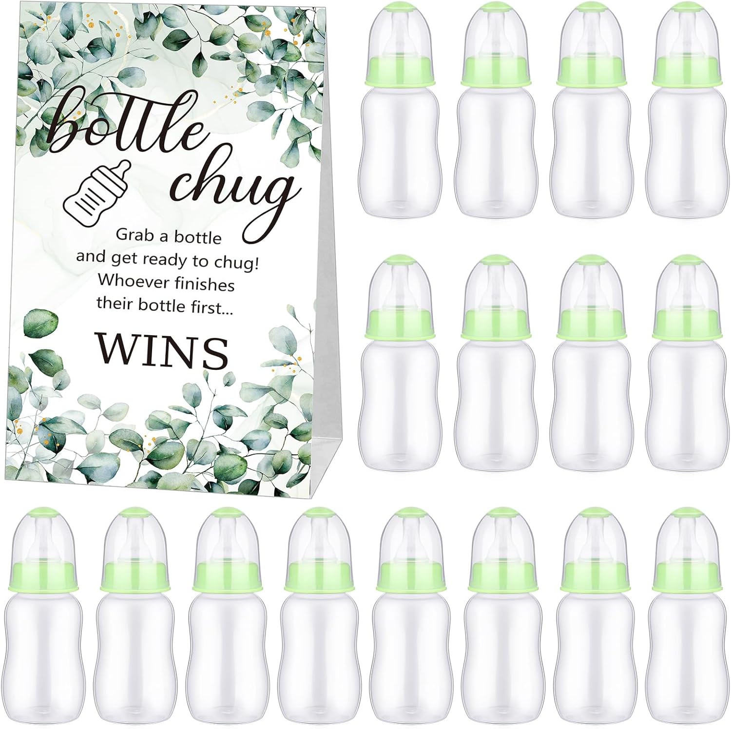 TrelaCo Bottle Chug Baby Shower Game 20 Pcs Baby Bottles Shower Favor with 1 Greenery Theme Sign for Gender Reveal Party Supplies Gifts(Green)
