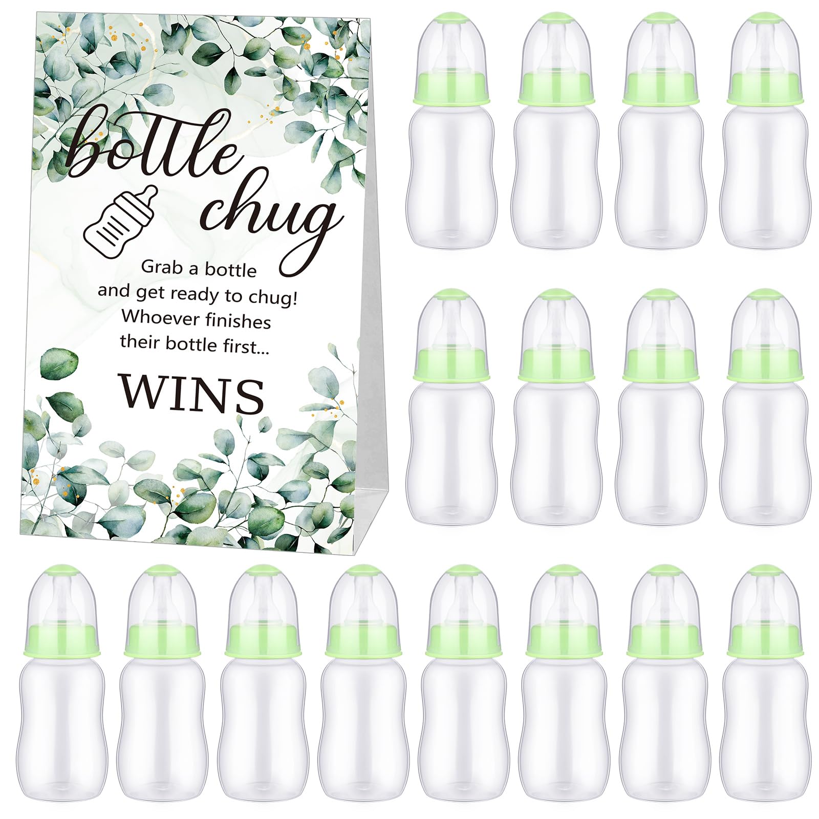 TrelaCo Bottle Chug Baby Shower Game 20 Pcs Baby Bottles Shower Favor with 1 Greenery Theme Sign for Gender Reveal Party Supplies Gifts(Green)