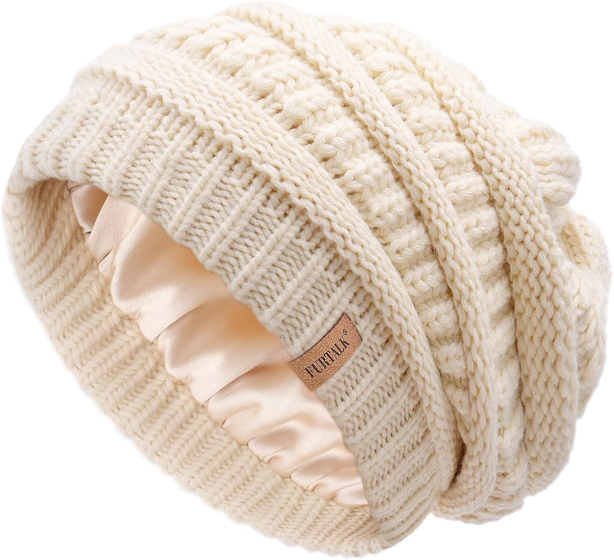 FURTALK Gorro de invierno para mujer con forro de satén, tejido de cable grueso y holgado, gorro cálido con calavera