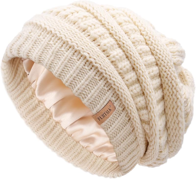 FURTALK Gorro de invierno para mujer con forro de satén, tejido de cable grueso y holgado, gorro cálido con calavera
