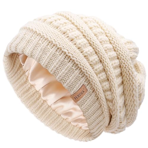 FURTALK Winter Beanie Hat for Women Satin Lined Cable Knit