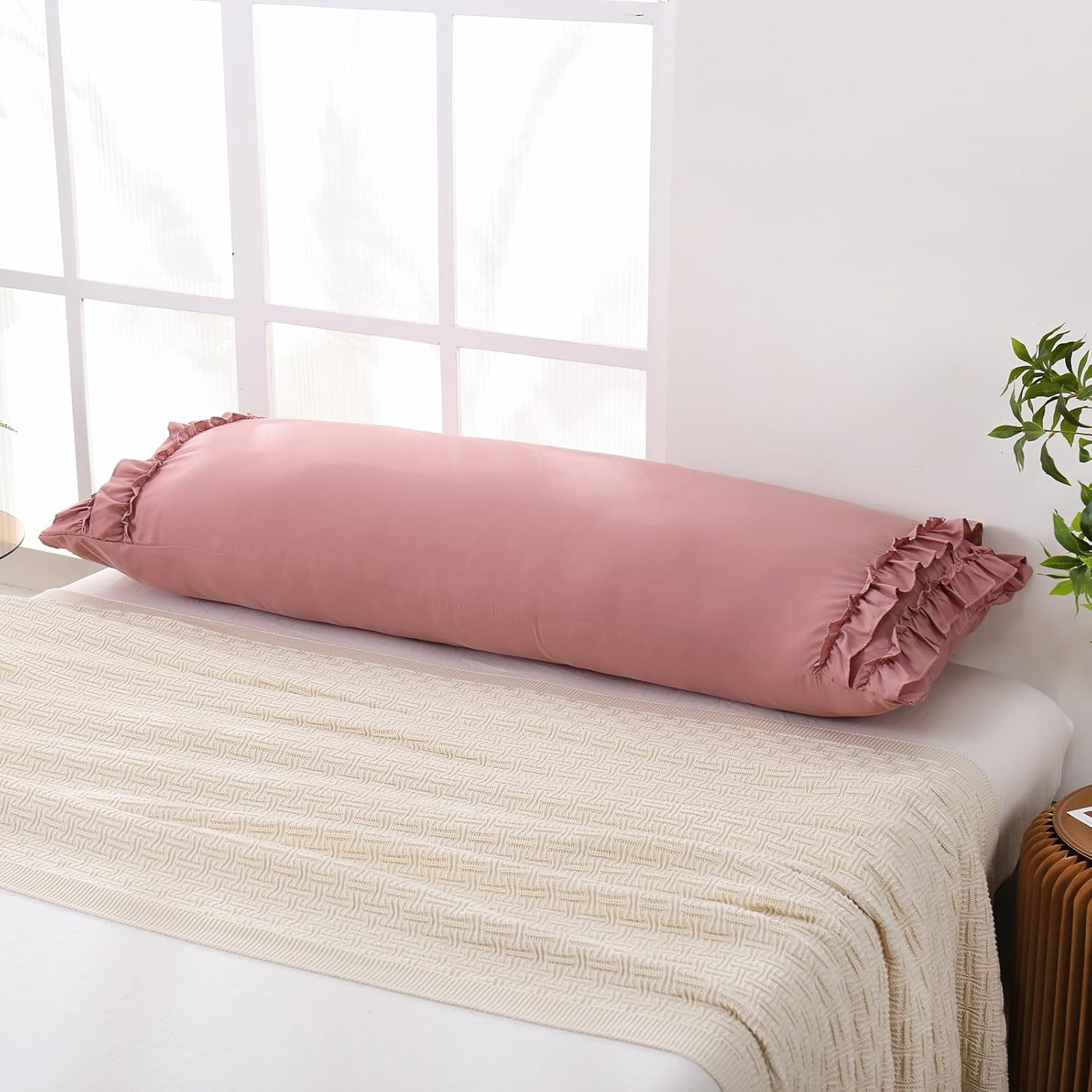 Herside Bean Pink Ruffle Body Pillow Case 1 Pack,Chic Ruffle Pillow Shams,20x54 inches Pink Long Pillow Cover,French Country Vintage Ruffled Pillowcase,Ultra Soft Washed Microfiber(Bean Pink,Body)