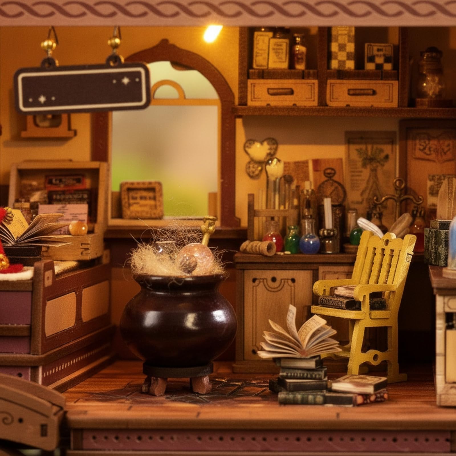Casa Miniatura in Stile Carrozza con E Interruttore a Sfioramento Kit Fai da Te in Legno E Tessuto LED Integrato Musica Adatta per Mensola Scrivania Decorazione Stanza