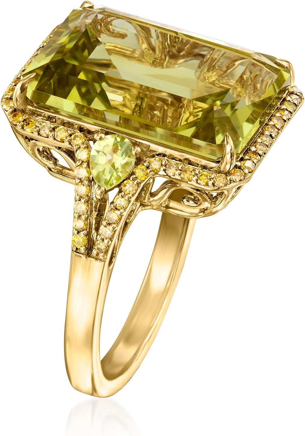 Ross-Simons 10.00 Carat Lemon Quartz Ring With .30 ct. t.w. Peridots and .36 ct. t.w. Yellow Diamonds in 14kt Yellow Gold