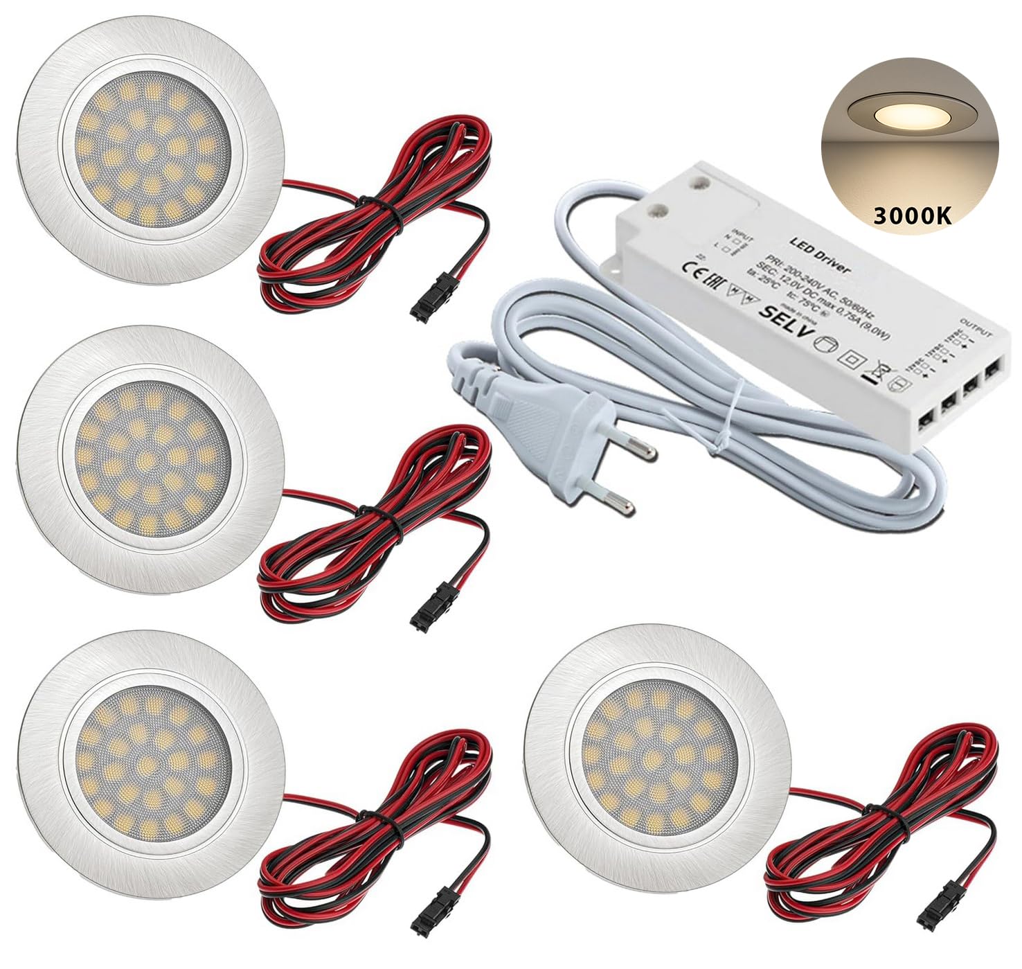 JungesLicht- 4x LED Möbel Einbaustrahler – für 55-60mm Bohrungen, ultra flach (10mm), 2Watt 12V 200Lumen, Warmweiß 3000K – Inkl. Trafo & Anschlusskabel – Einfache Steck-Montage, Möbelleuchte