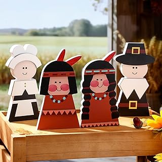 Chunful 4 Pcs Thanksgiving Decorations Large 7in Fall Decor Wooden Pilgrim Couple Table Sign Native American Figurines Tabletop Thanksgiving Standing Centerpieces for Autumn Harvest Home Kitchen