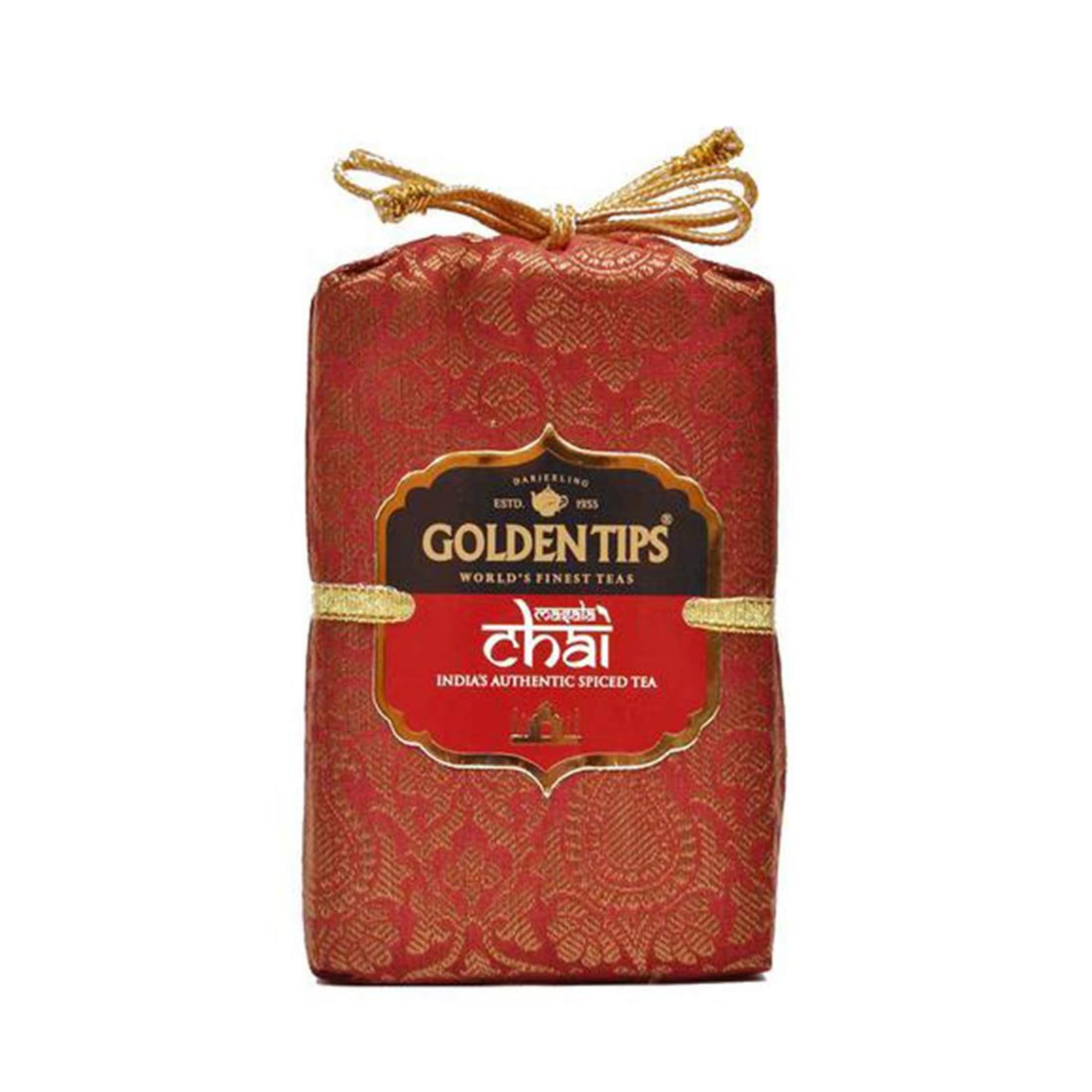Golden Tips Masala Chai, India’s Spiced Tea in Brocade Cloth Bag, Bold Black Tea Blend with Cardamom, Ginger, Cloves & Cinnamon, Gift & Everyday Chai (200 Gram, 100 cups)