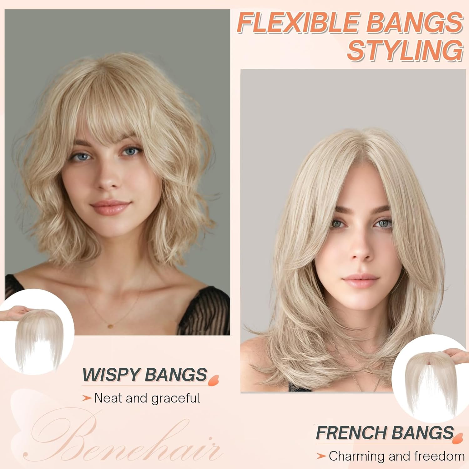 Benehair Clip on Bangs for Women Human Hair, Fake Bangs Clip Human hair, Middle Part Bangs Clip in Hair Extensions Hair Pieces with Temples for Daily Wear Gray