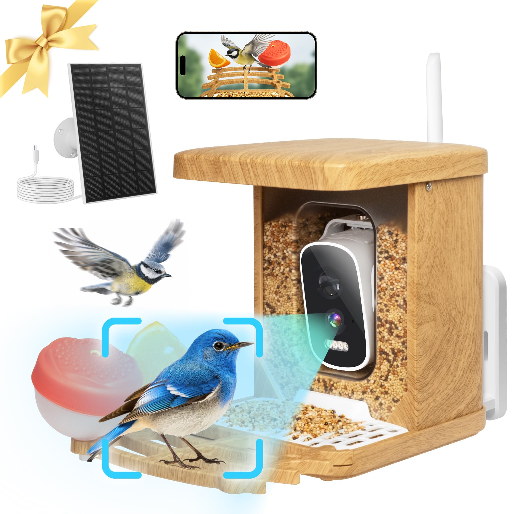 Alimentatore intelligente per uccelli con fotocamera, AI Identify 10000+ uccelli 2.5K HD pannello solare mangiatoie per uccelli selvatici per gli amanti degli uccelli, regalo esterno per gli amanti