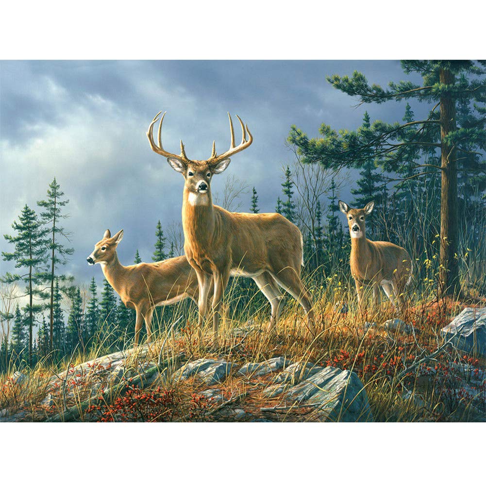 Wowdecor Deer 5D Diamond Painting Kits, Elk Tree Dark Clouds Animals Full Drill Diy Diamond Art Cross Stitch Paint By Numbers