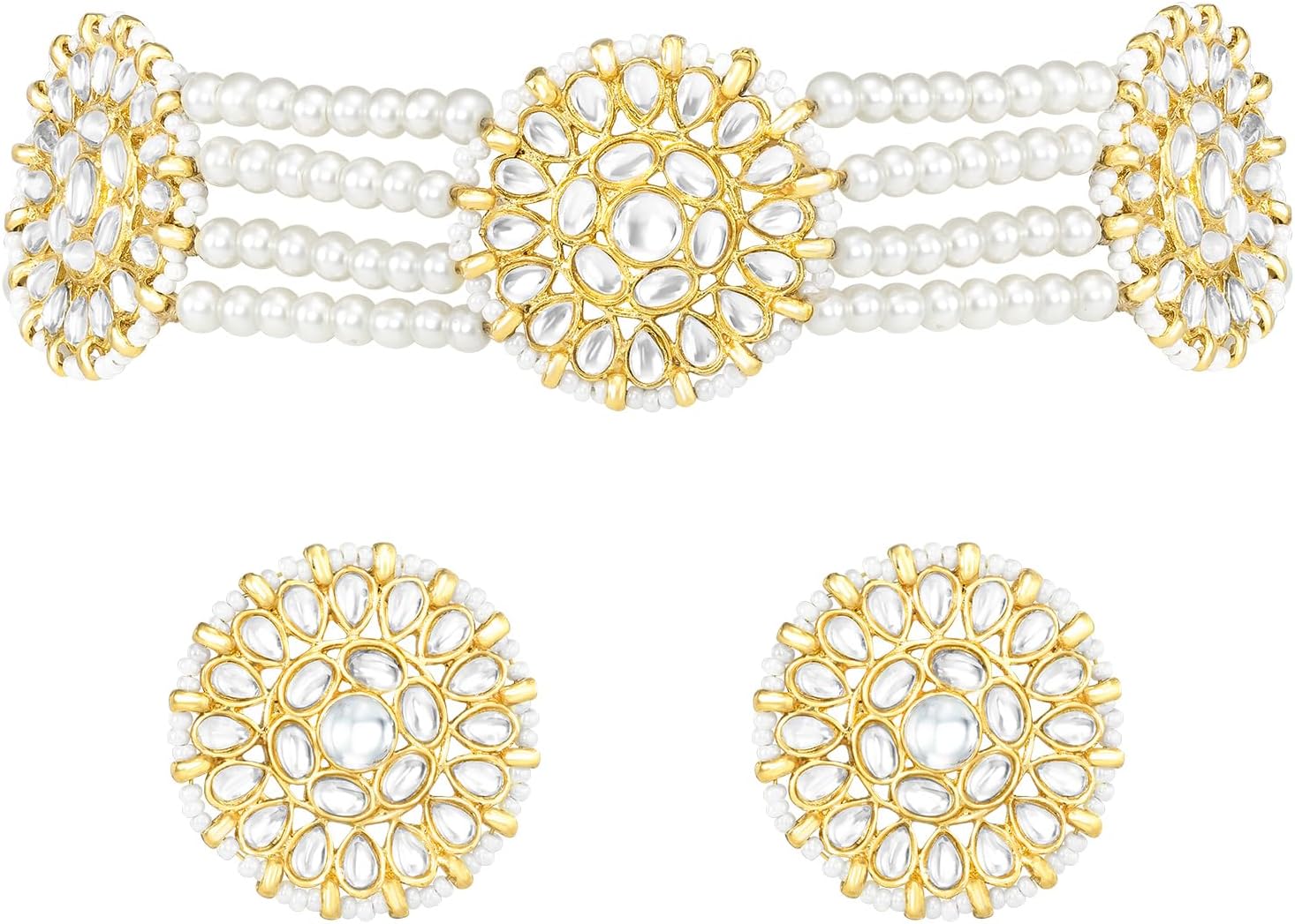 Aheli Kundan Beads Studded Choker Necklace & Stud Earrings Set Ethnic Traditional Bharatanatyam jewellery set Gift for Women - Image 5