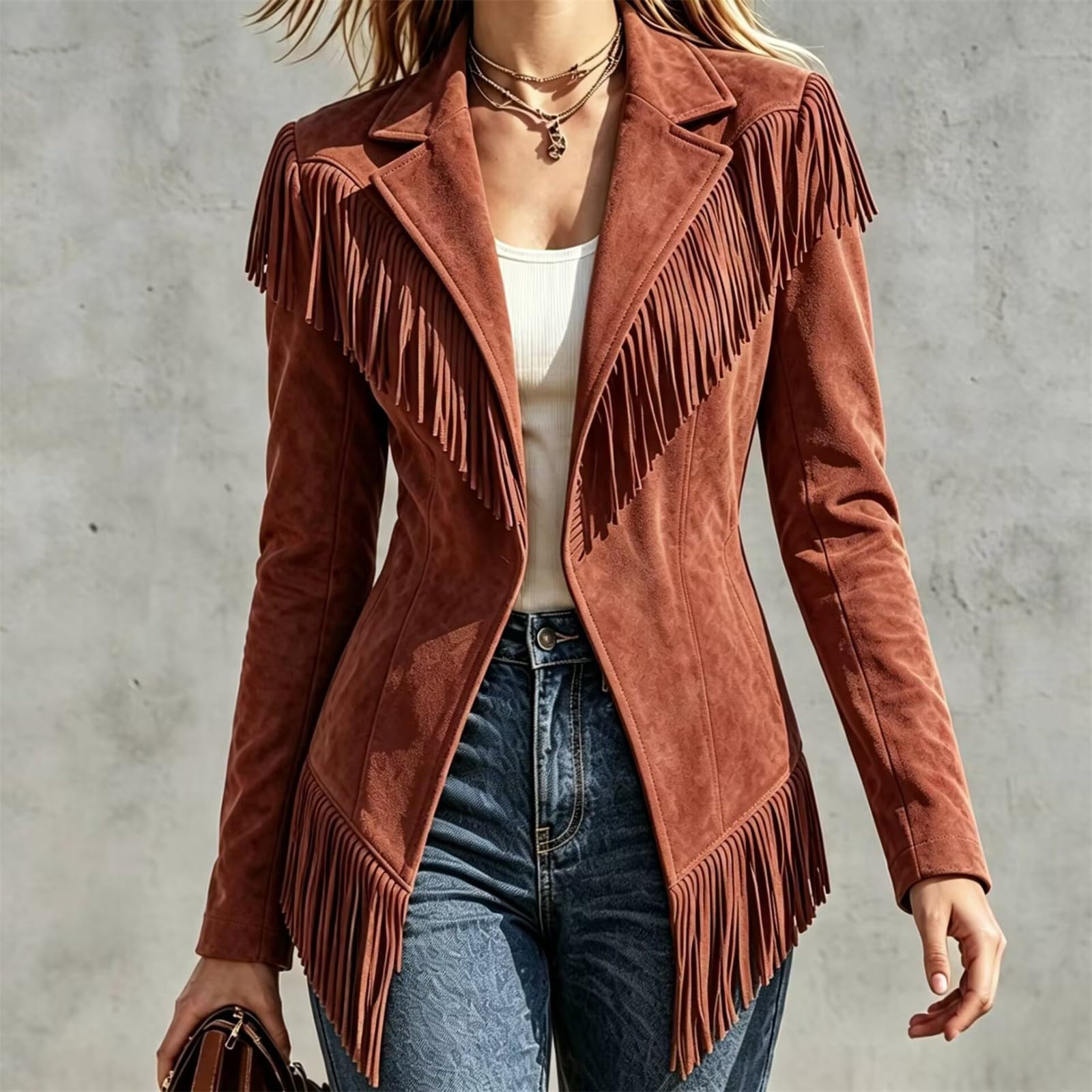 Camoscio Giacche Donna Manica Lunga Aperto Anteriore Vintage Frange Cowgirl