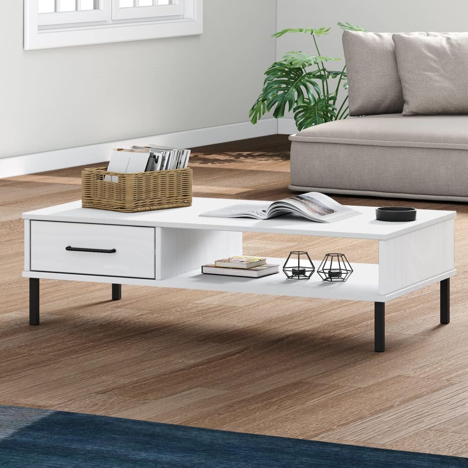 Homgoday Stolik kawowy Metalowe nogi Oslo lite drewno sosna biała, konsola pomocnicza stolik do salonu stolik boczny herbata kawa sofa salon meble meble stoliki kawowe meble