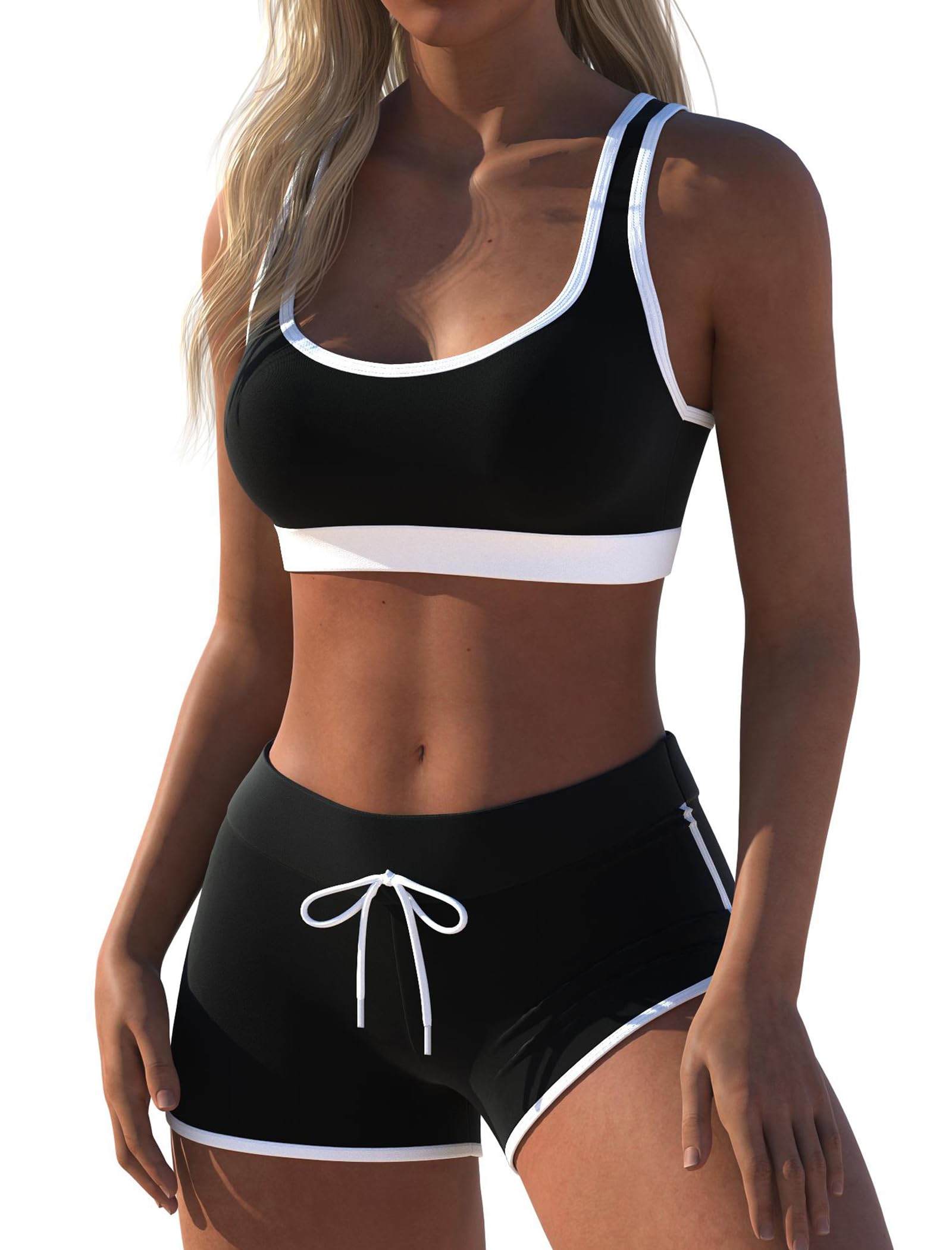 Womens Sport Two Piece Swimsuits Racerback Tops Boyshort Bottom