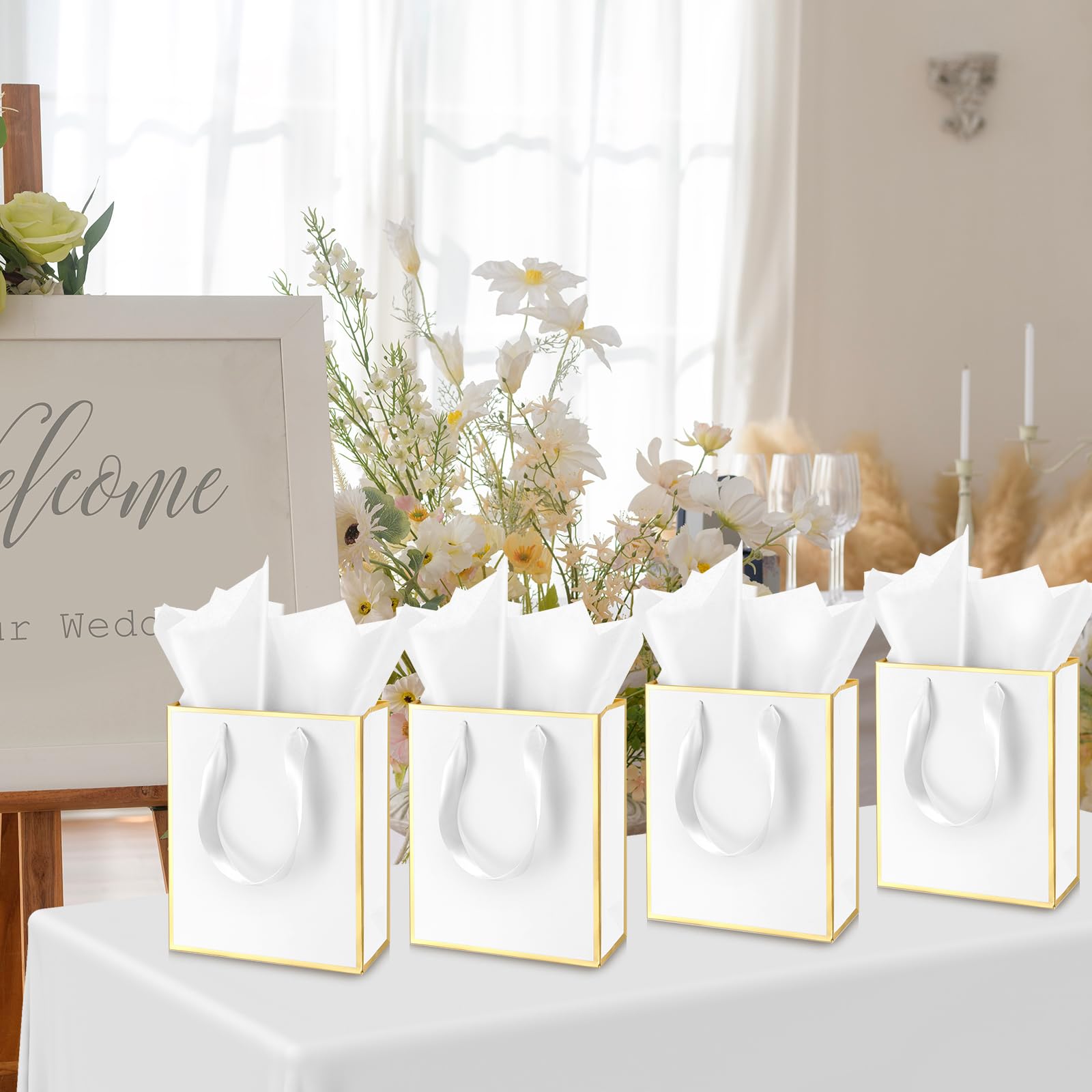 Yeaqee 50 Pack Metallic Gift Bags with Handle and Tissue Paper Gold Foil Thank You Bag for Graduation Wedding Groomsmen Bridal Baby Shower Gifts Holiday Party Favors 9x7x3.15'' (White Gold)