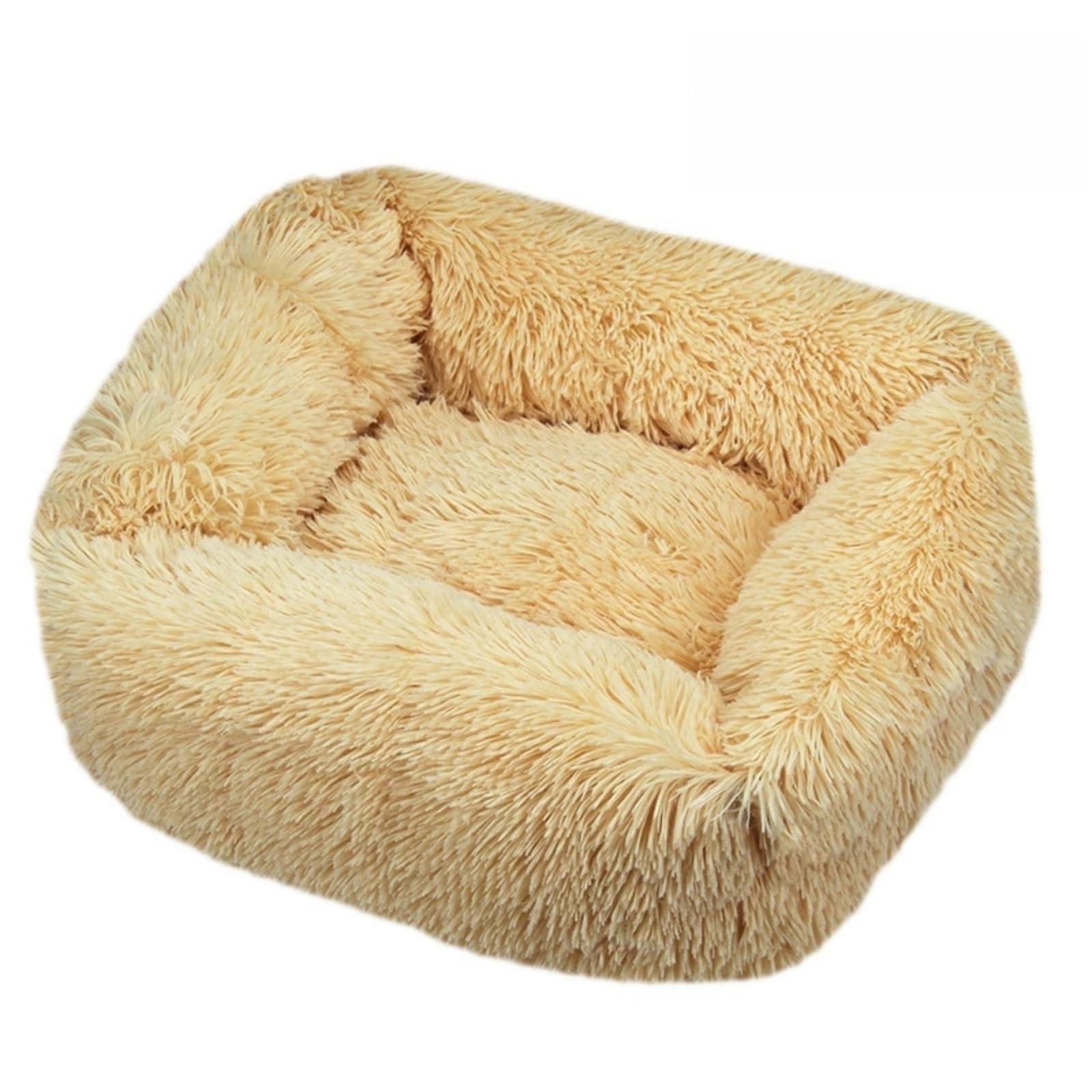 Mateju Plush Pet Bed Rectangle, Fluffy Pet Cushion Thick Warm Soft Plush Dog Cat Bed for Indoor Calming Puppy Kitten Petbed with Non Slip Bottom for Small Medium (Khaki Color,M 66x55cm)