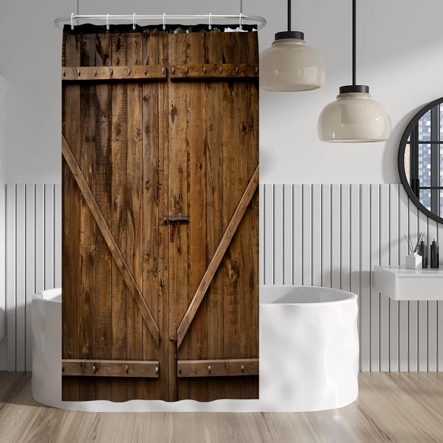 Amazon.com: Baocicco Rustic Wooden Door Shower Curtain Brown Village ...