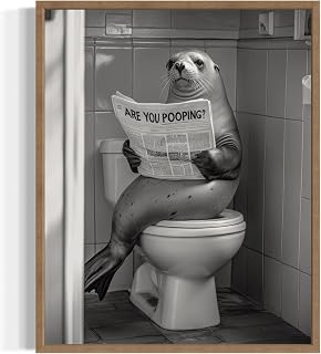 Sea Lion on Toilet Bathroom Wall Art Print Poster, Animal Restroom Decor Posters Prints Home Picture Painting Artwork 145 (Sea Lion, 11 x 14 inches, Wood Frame)