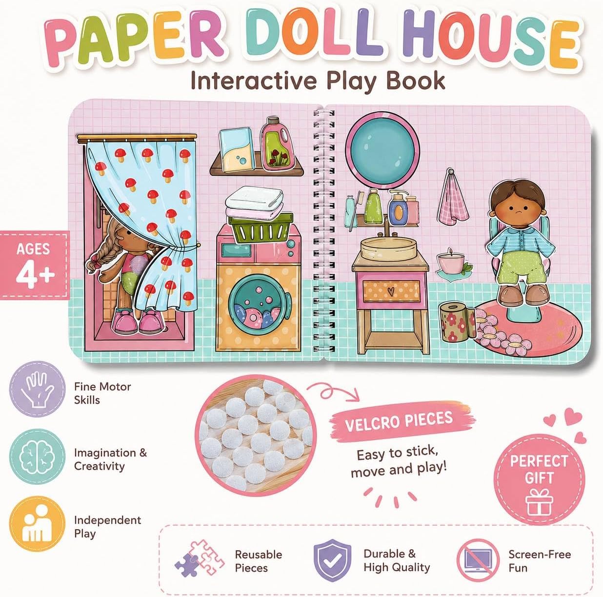 Spring Acorn Paper Doll Set – Out House with 2 Dolls & Accessories – Reusable Clothes – Creative Dress-Up Play (21×21cm Book, 10 cm/3.9 in Dolls) (Pink) image 5