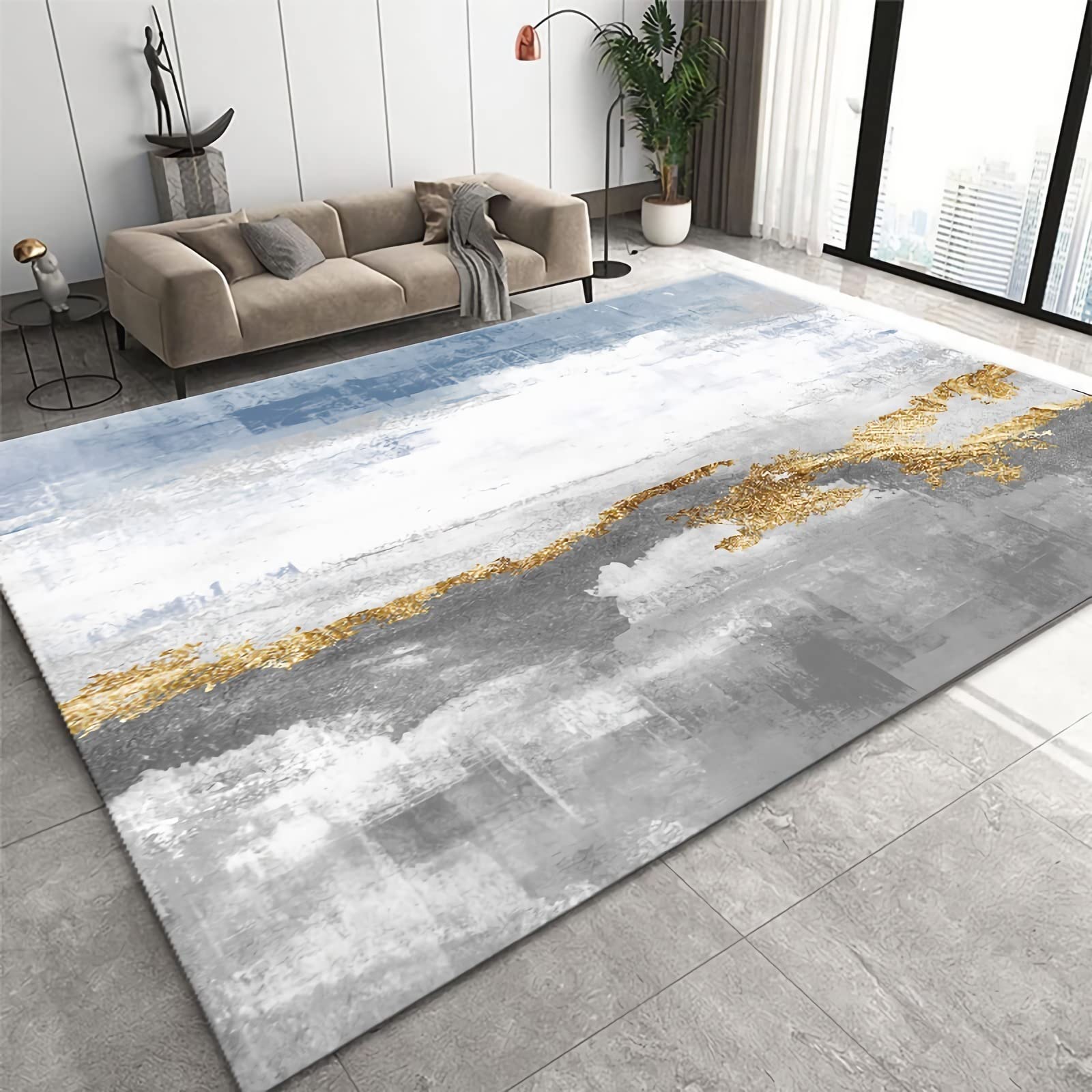 Tappeto camere da letto,Tappeto Design Inchiostro Giallo Blu Grigio Resistente E Facile Da Pulire cameretta bambini,accessori gaming room 140x200cm