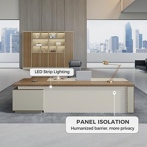 Miniatura 7 de Escritorio ejecutivo en forma de L con gabinetes reversibles, cajones con cerradura y caja de cables, escritorio de oficina moderno con escritorio