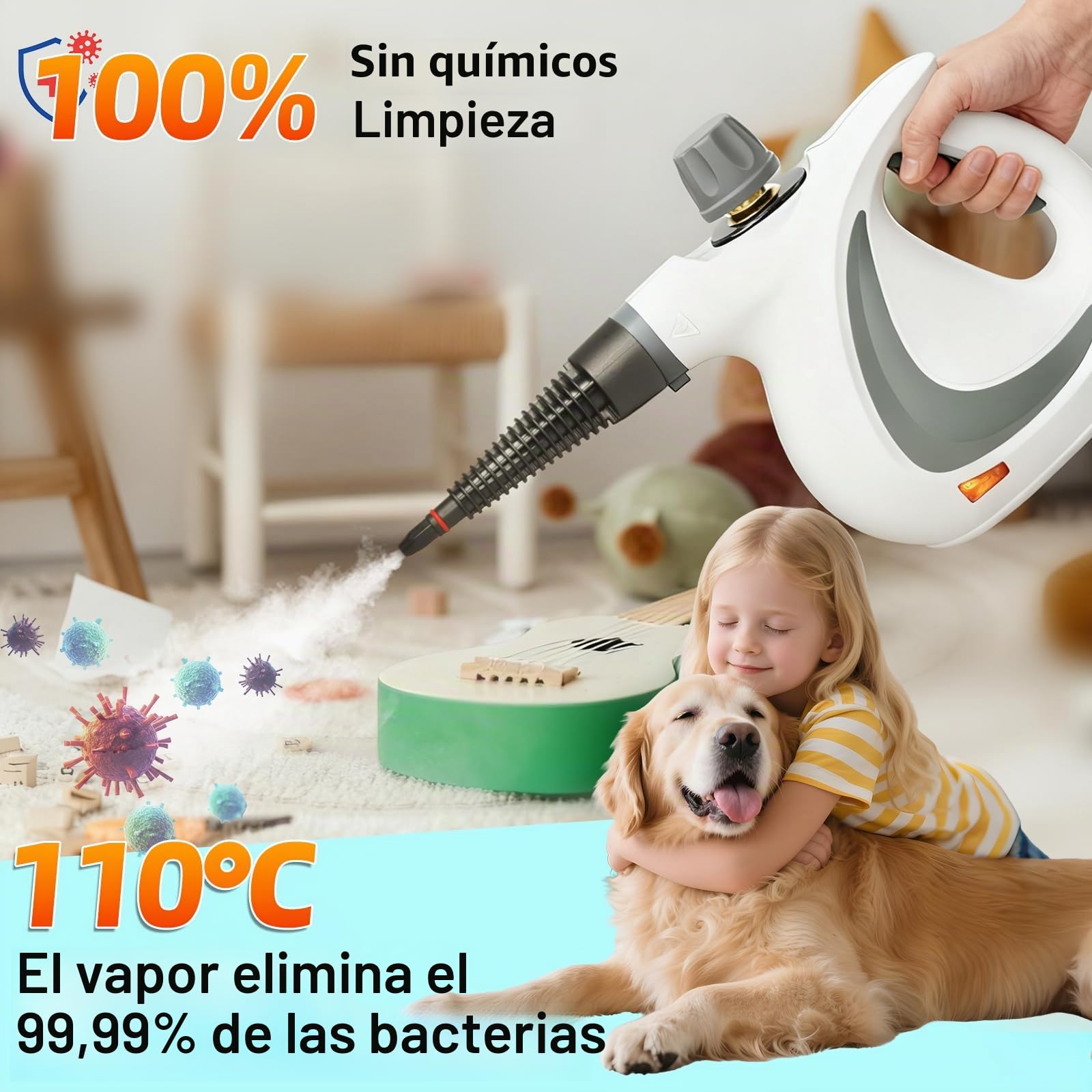 Limpiador a vapor, limpiador a vapor de mano para el hogar multiusos con accesorios de 12 piezas, presión de vapor de 3,5 bares, 350 ml, 1050 W, limpiador de vapor sin químicos, limpieza de cocina