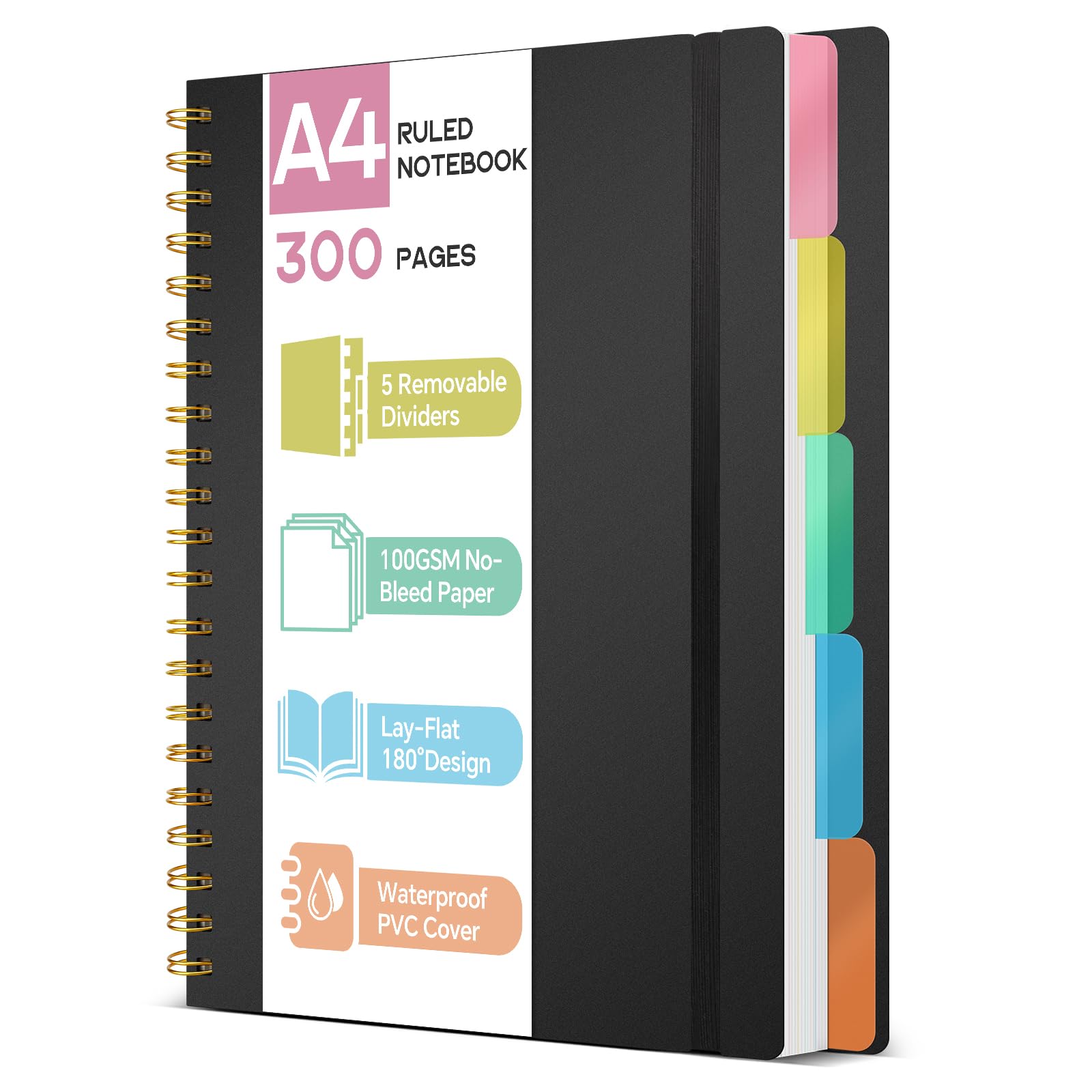 Cuaderno A4 con Separadores- Papel 100GSM Anti-Sangrado, 300 Páginas, Tapa Dura de PVC, Libreta de Proyectos Espiral para Escuela, Oficina y Regalos