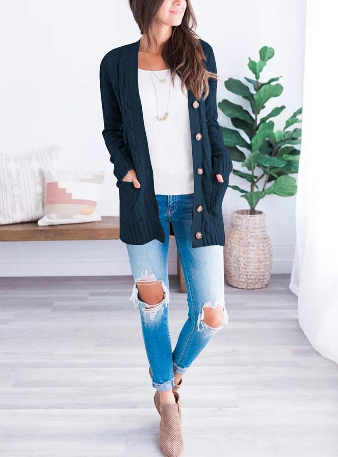 PRETTYGARDEN Women's Open Front Cardigan Sweaters Fall Fashion Button Down Cable Knit Chunky Winter Clothing Outerwear Coats - Image 6