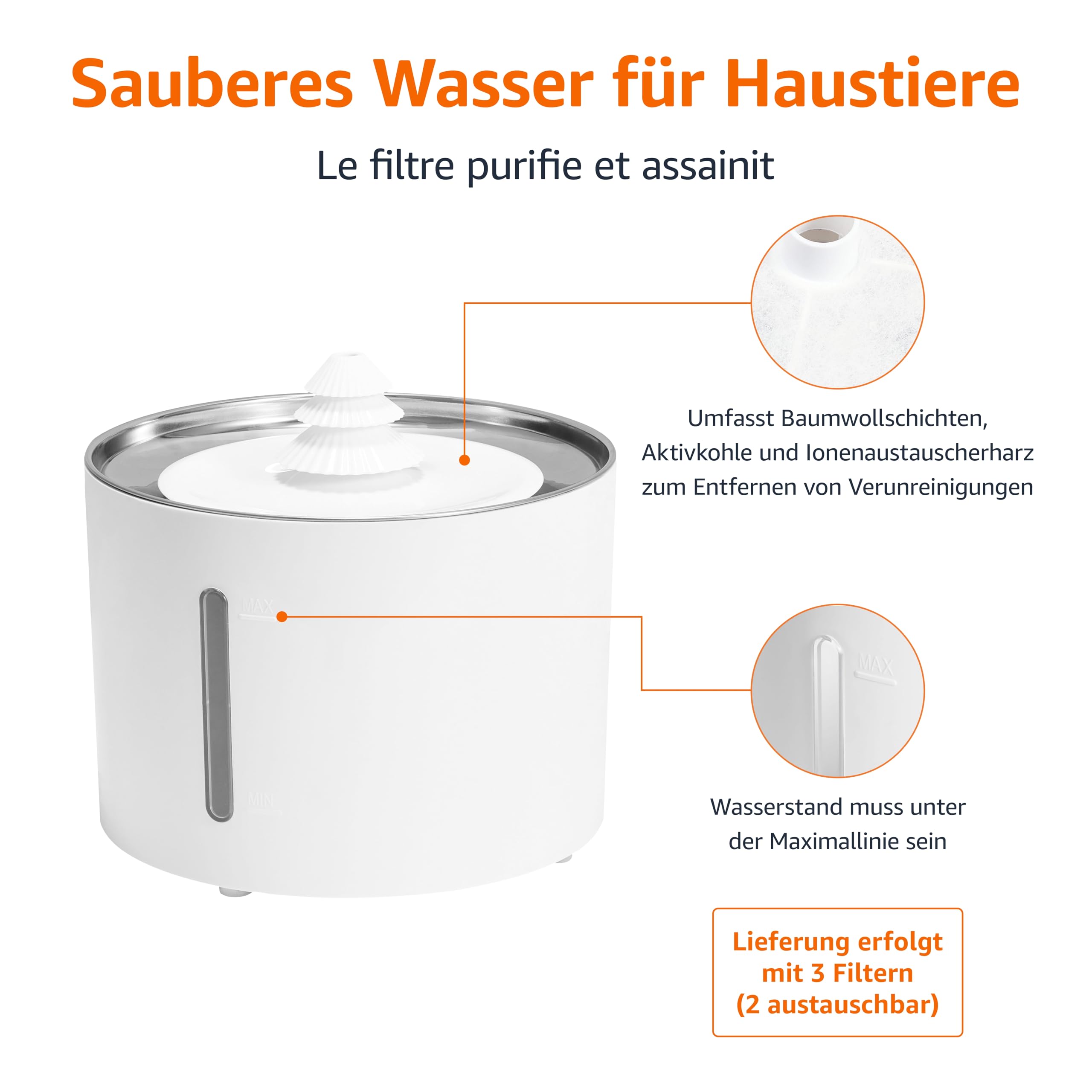 Amazon Basics Trinkbrunnen für Haustiere, Kleintiertränke, Hundetränke, Edelstahl, 3 L, mit 3 Kohlefiltern, Weiß