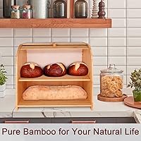 Vista 6 de Purbambo Caja de pan de bambú para encimera de cocina, doble capa Roll-top cajas de almacenamiento de pan conservador de alimentos con estante medio