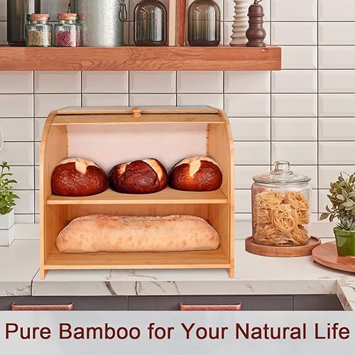Miniatura 6 de Caja de pan de bambú para encimera de cocina, doble capa Roll-top cajas de almacenamiento de pan conservador de alimentos con estante medio ajustable