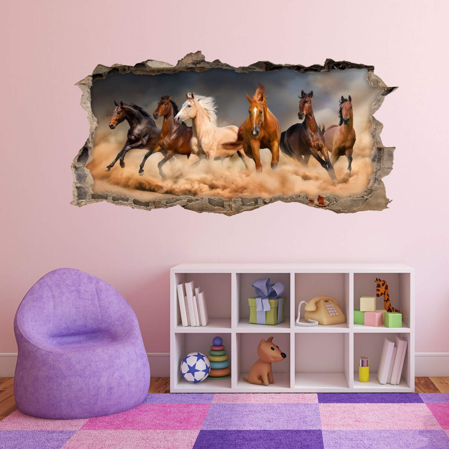 180 Wandtattoo Pferde - Loch in der Wand - Kinderzimmer Wandbild Deko Aufkleber Sticker Mädchen Pony reiten Pferd - Größe 1750 x 880 mm