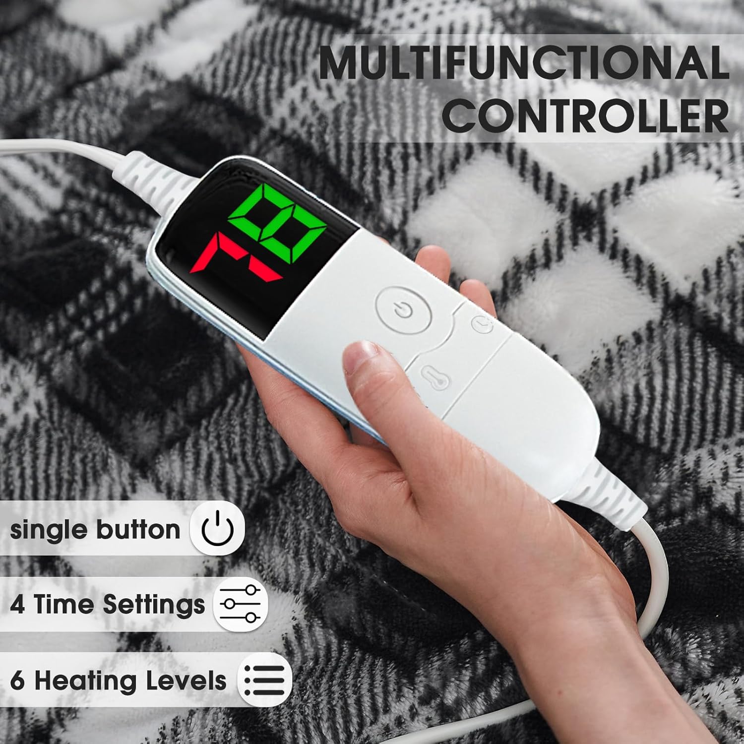 Black Heated Blanket Electric Throw, 50X60 Heating Throw with 10 Heats Levels & 8 Hours Auto Off, Plaid Soft Sherpa Blankets Warmer Gifts for Men Dad Boys Home Decor for Living Room Bedroom Office - Image 4