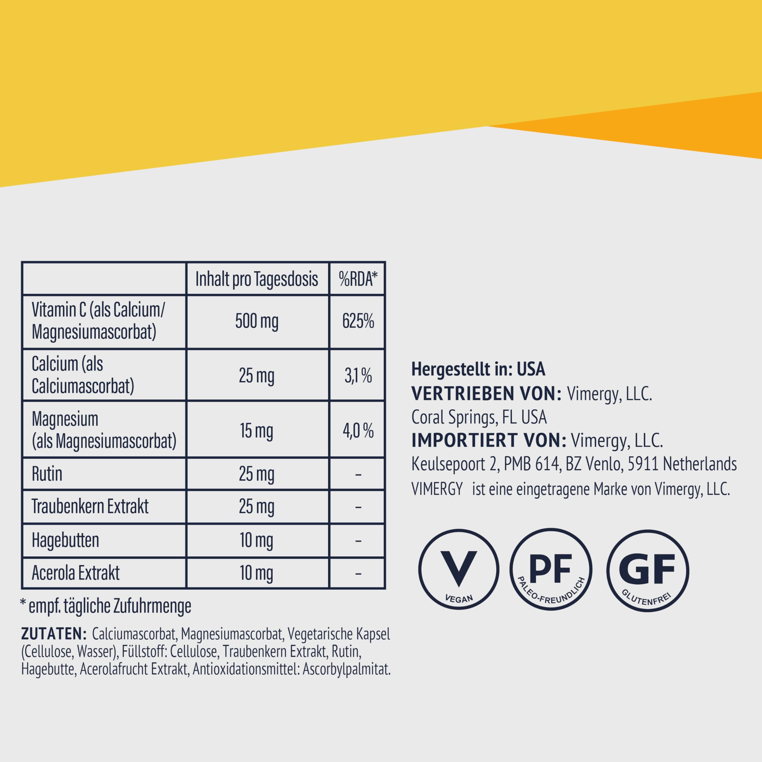 Vimergy Micro-C Vitamin C Kapseln - 300 Stück – 500 mg Vitamin C – Hagebutte – Für mehr Vitalität – Glutenfrei – Koscher – Geeignet für Veganer