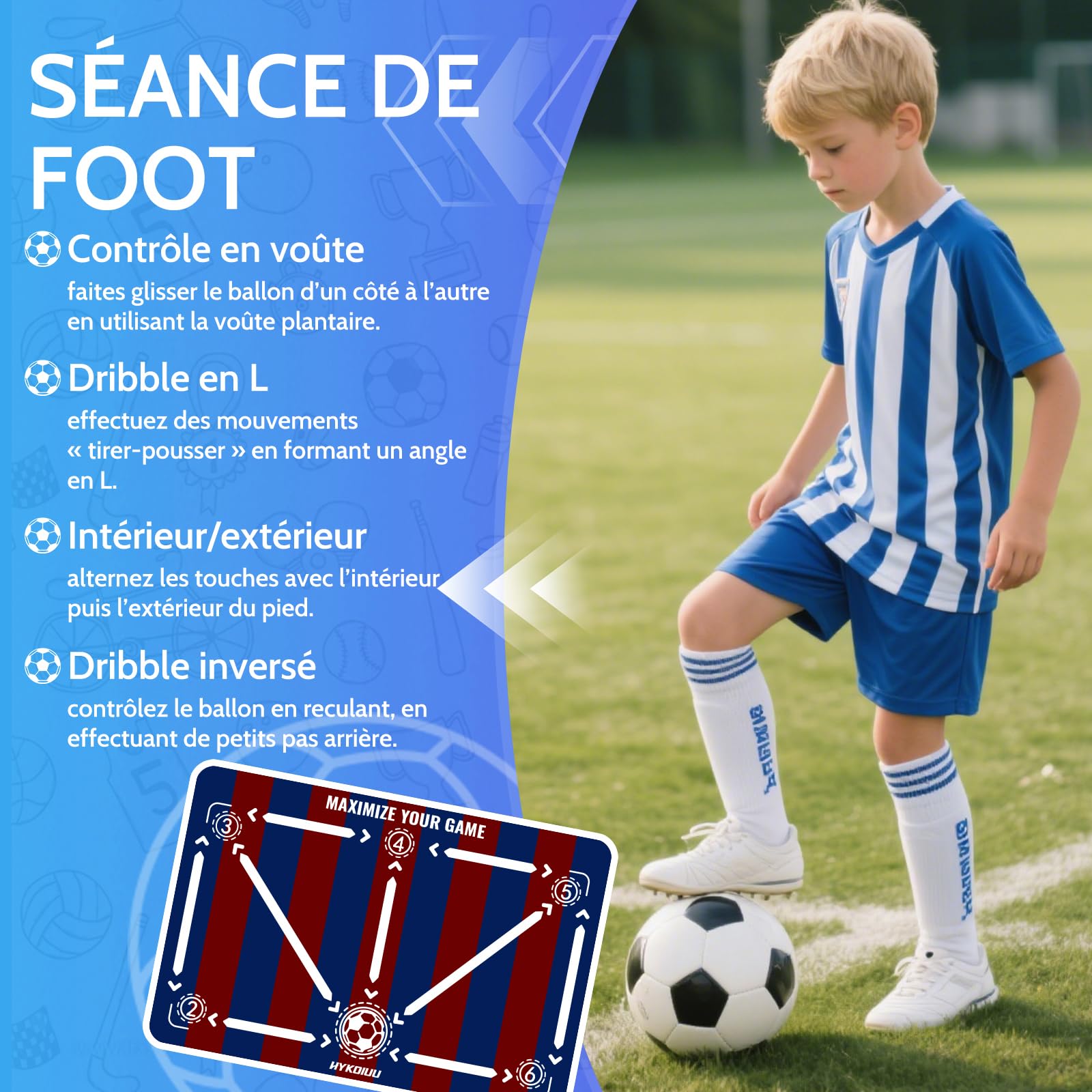 Tapis Foot avec Vidéos, Entrainement Football, Contrôle du Ballon | Football Accessoire avec entraîneur de tir pour dribble, antidérapant, absorption sonore et amorti, Cadeau Foot pour Enfant