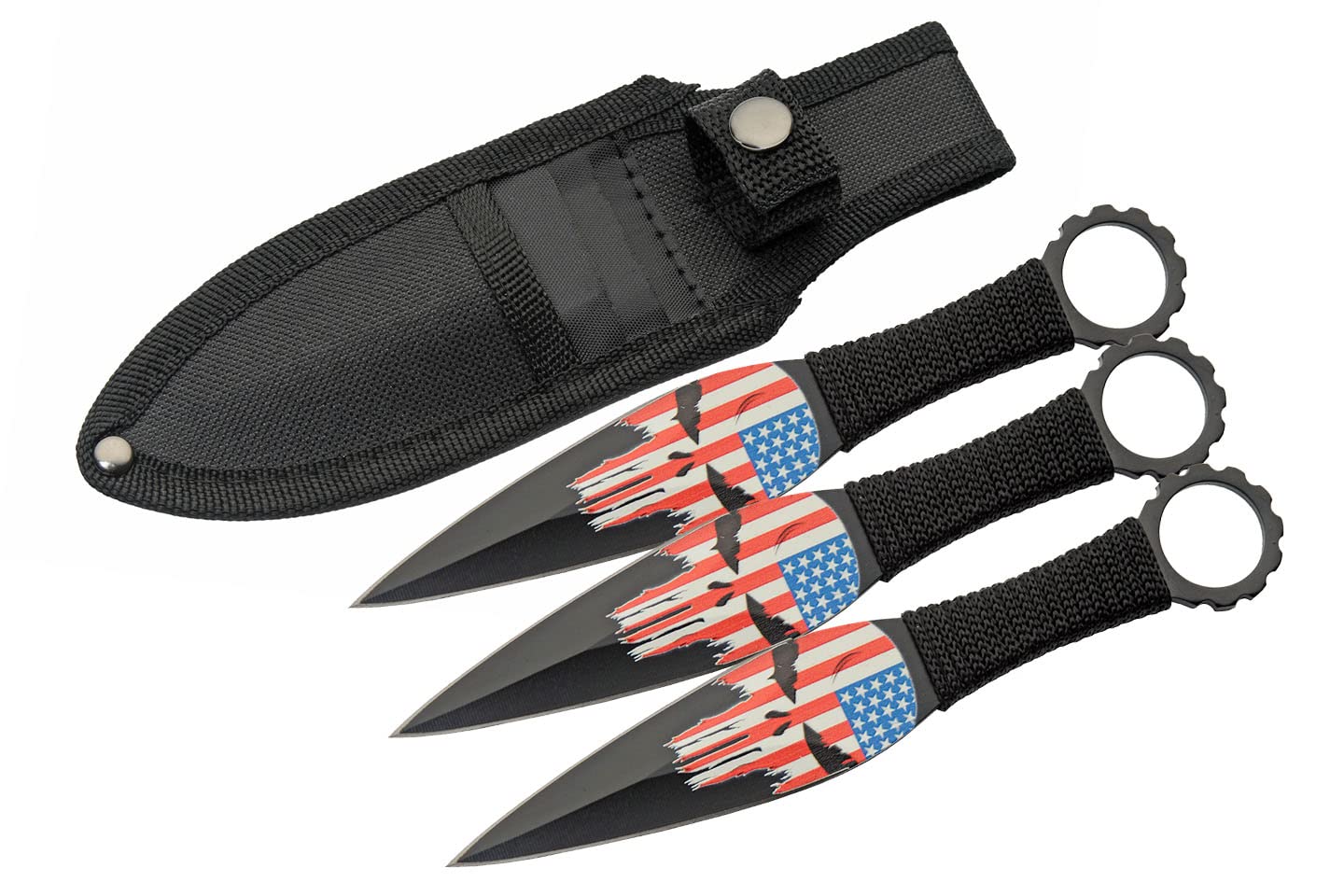 SZCO Provides 6.5” Mini USA Punisher Cranium 3pc Ninja Kunai Throwing Knife Set With Nylon Sheath, Black (211538)
