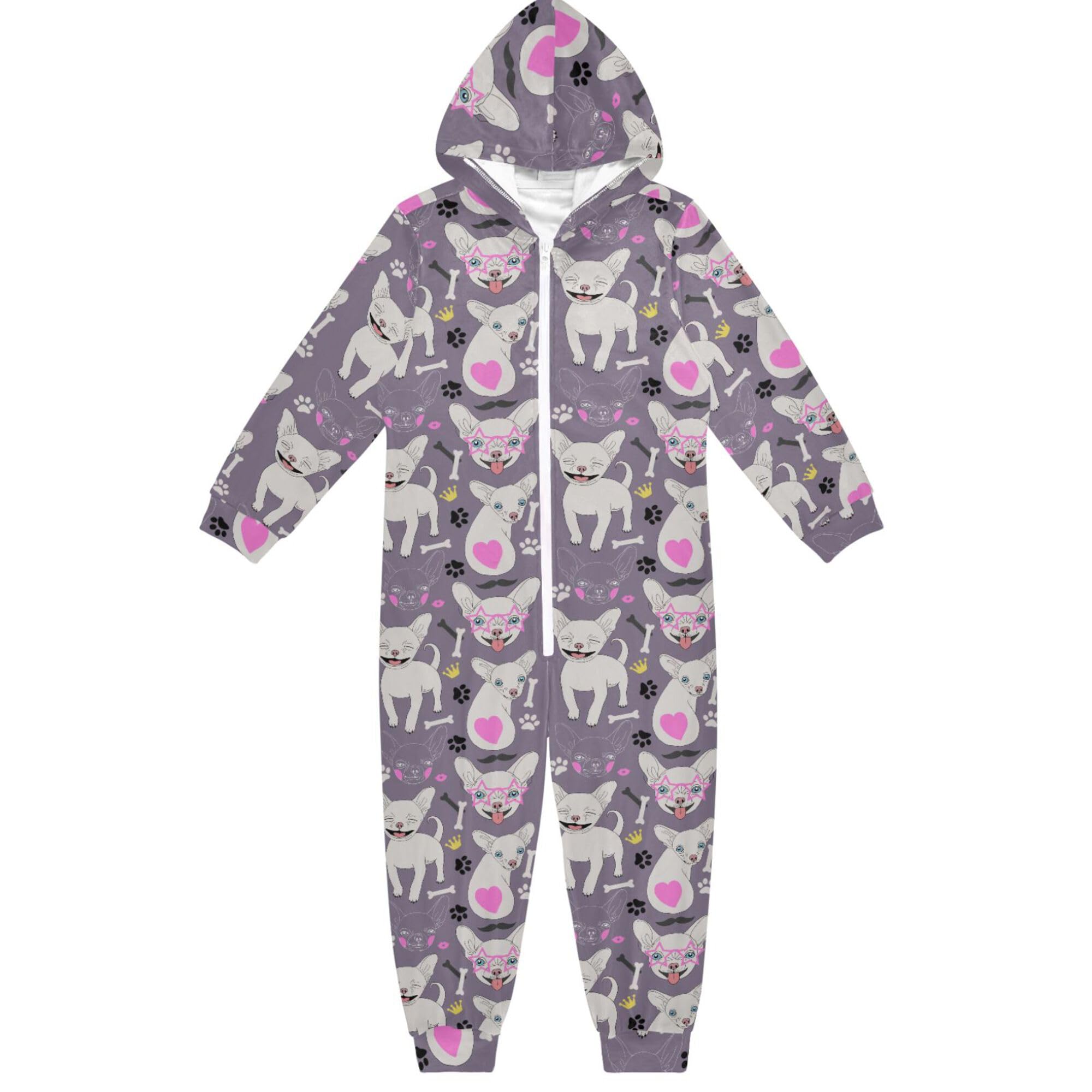 Pigiama intero in flanella con cappuccio e cerniera, tuta coordinata per cani e bambini, morbida e calda, abbigliamento sportivo per la casa, 5-6T