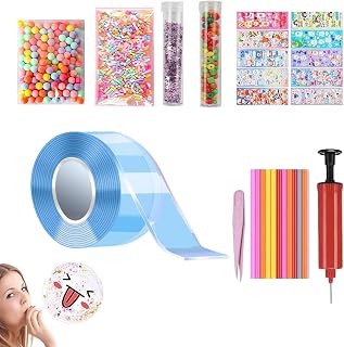 Nano Tape Kit - 26 Pcs DIY Bubbles Set With Glitter Flakes, Stars, Straw for Balloon, Double Sided Ivy Grip for Walls - Washable Reusable