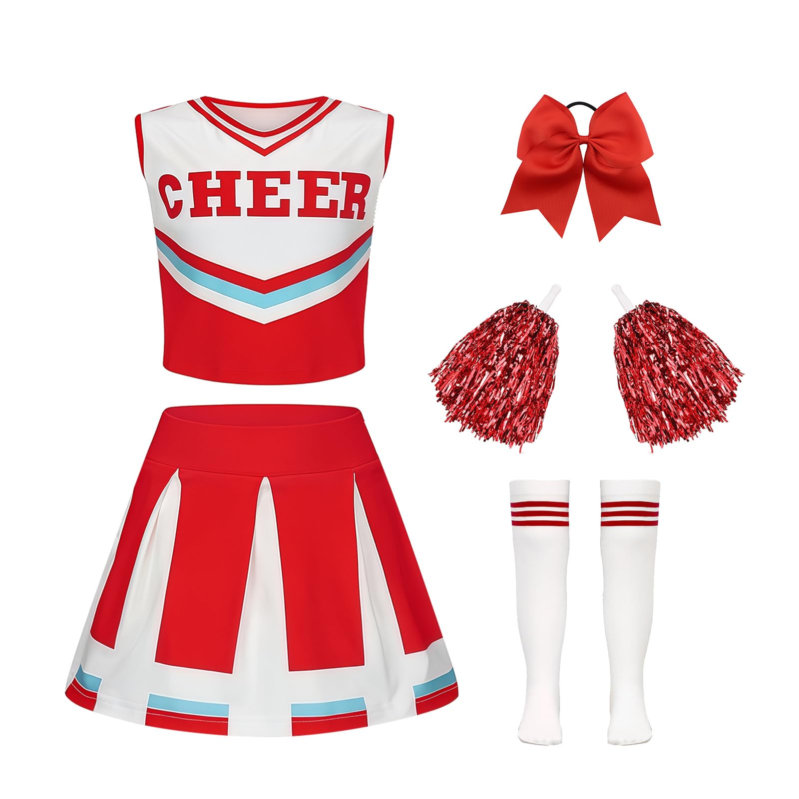 Luckyou Deguisement Pompom Costume De Cheerleader Déguisement Uniforme de Pom-pom avec Pompoms Chaussettes pour Halloween Mascarade Carnaval