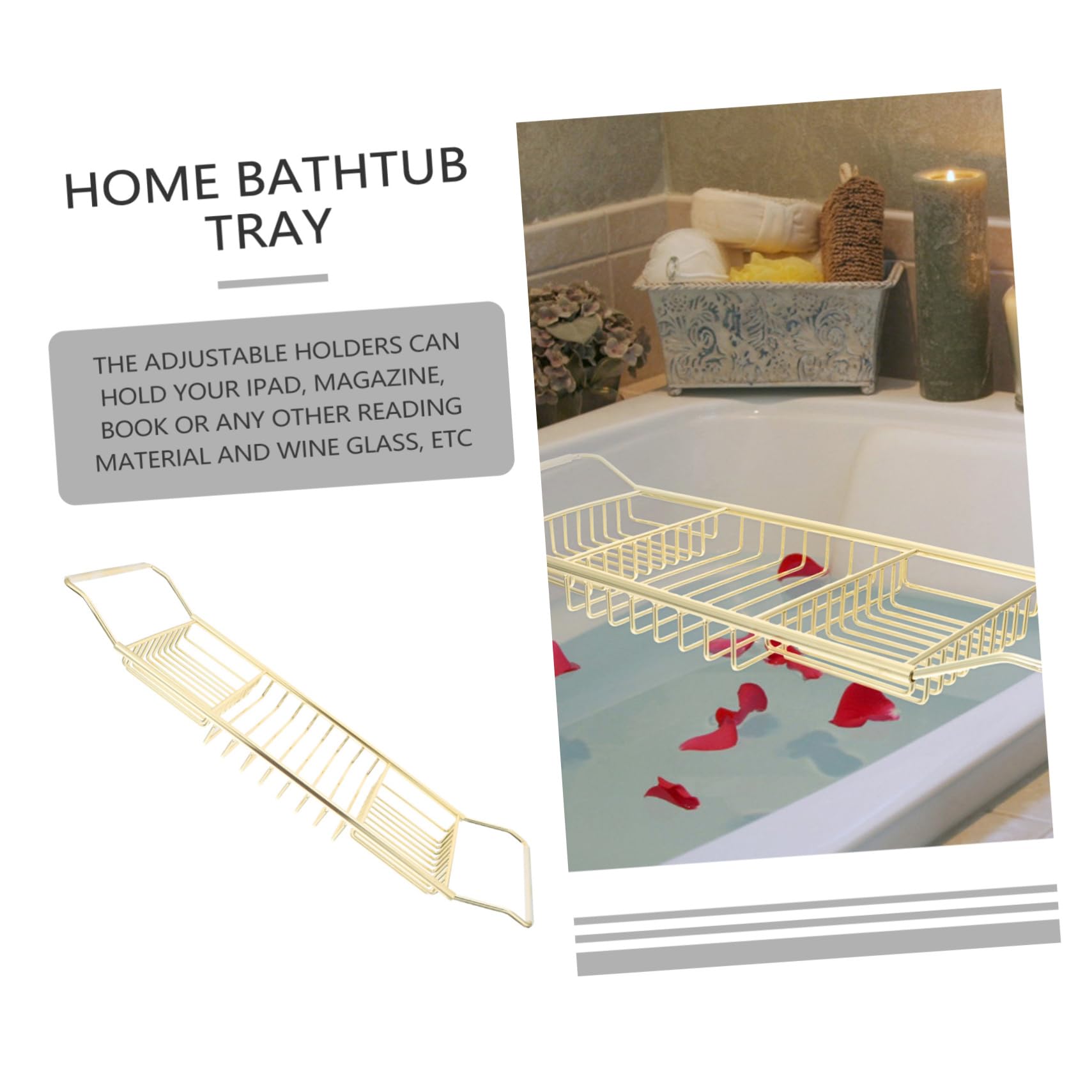 Bandeja Organizadora De Bambú Para Bañera Con Laterales Extensibles Y Estante De Acero Inoxidable Para Bañera Con Soporte Para Barra De Sonido Y Jabonera - Dorado - 63 X 20 X 4 Cm, Dorado - 63 X 20 X