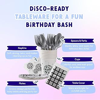ecoZen Disco Birthday Decorations Set - Sparkly Themed Supplies with Disco Ball Decor, Iridescent Balloons, Tableware, Flatware, Cupcake Liners, Table Cover, Happy Birthday Banner, Party Favor Bags