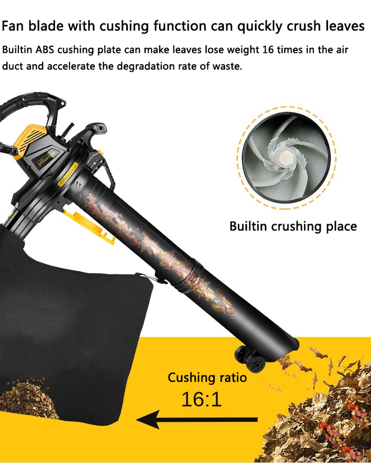 Soplador de Hojas, aspiradora de jardín de 3800 W, trituradora y soplador con 6 velocidades Variables, 3 en 1, Bolsa recolectora de 40 L, para Jardines, césped, Hojas y Nieve.
