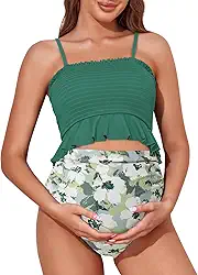 Biquíni de cintura alta com nervuras para gestantes, biquíni cropped com corte alto, duas peças, roupa de banho para gravidez