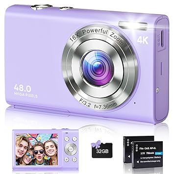 Digital Camera,4K Autofocus Cameras for Photography, 48MP Anti-Shake Vlogging Camera for YouTube, 16X Digital Zoom Compact Point and Shoot Cameras with 32GB Card Camera for Teens Adult Beginner-Purple