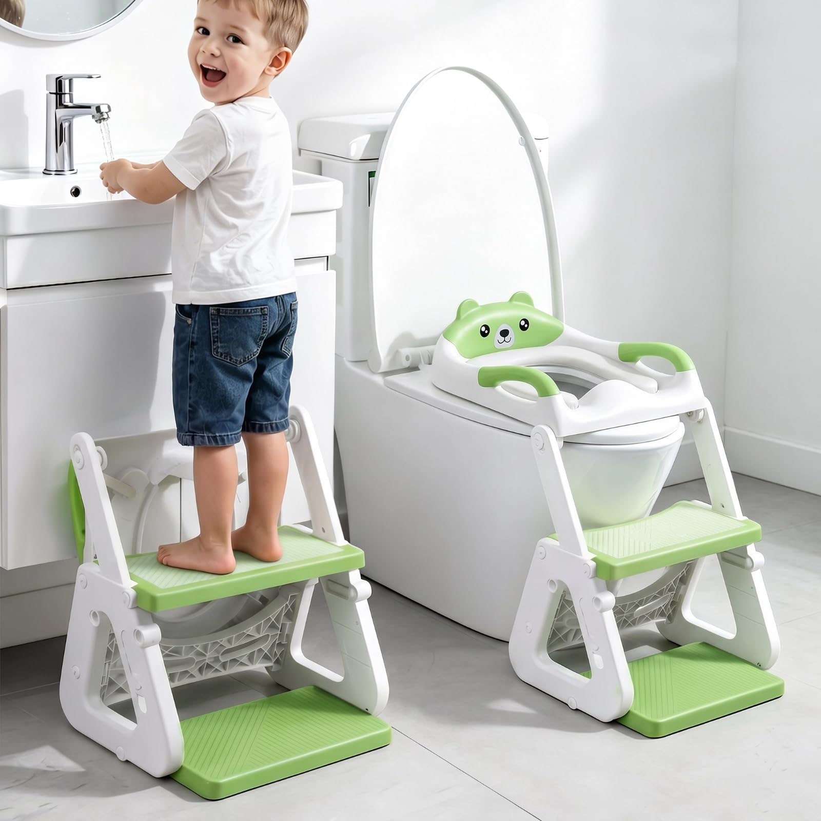 Riduttore Wc Bambini, Upgraded Riduttore Wc 2 in 1, Struttura a Triangolo | Pedale Allargato, Paraspruzzi Estesi, Cuscino Morbido, Manico Allargato, Antiscivolo Pieghevole Leggero, Verde Orso