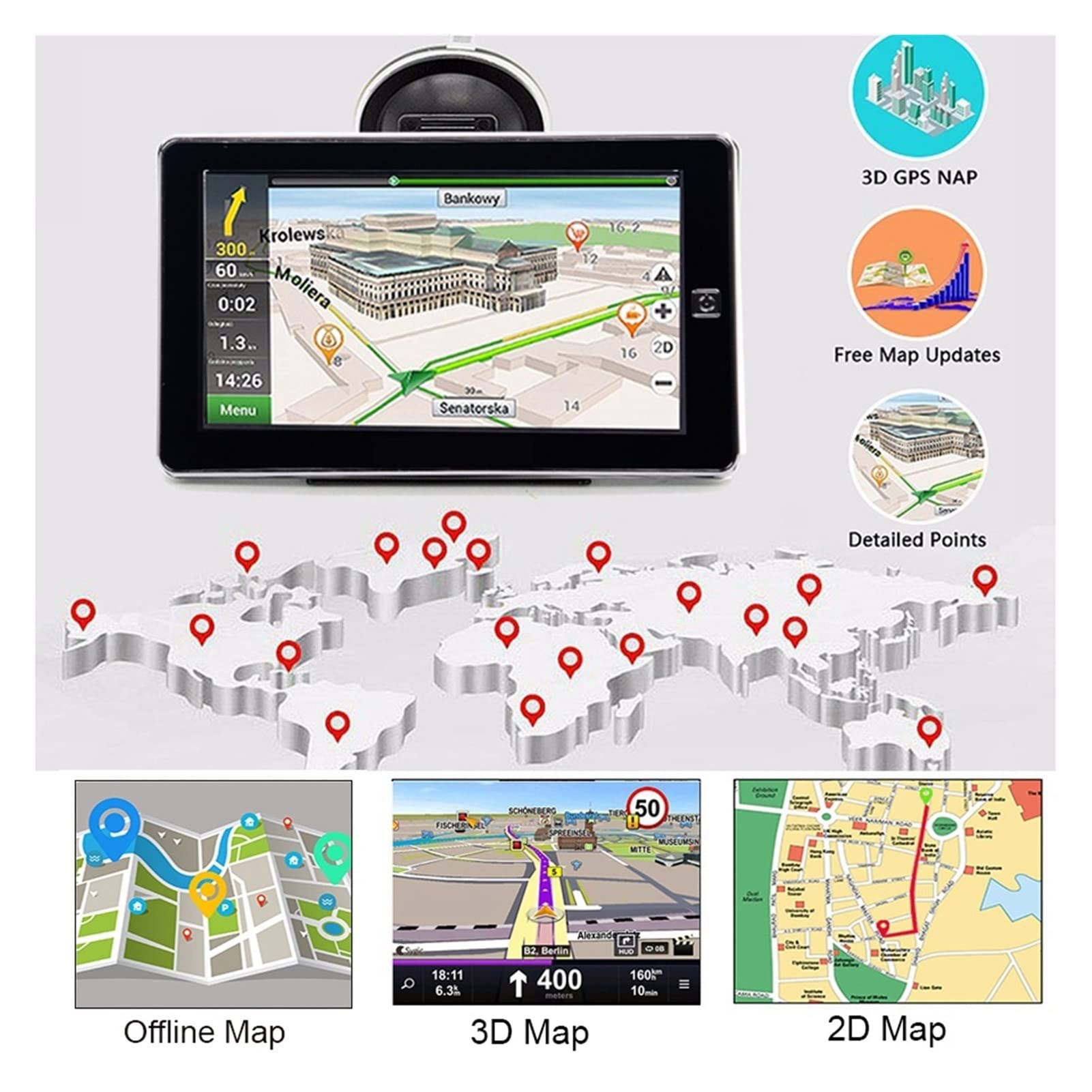 Camión de Pantalla táctil de 7 Pulgadas GPS Navigator Sombrilla Satshade Sat Nav Car GPS Navegación 25 6m + 8g Mapa de Europa América Europa(Without Bluetooth)