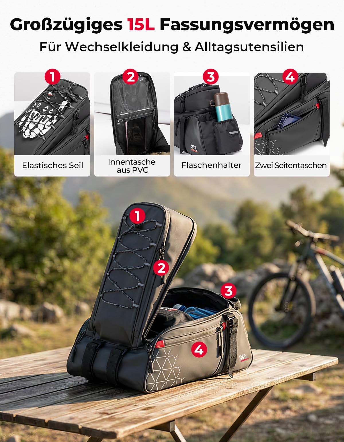 KEMIMOTO 2 IN 1 Gepäckträgertasche, 15L & Wasserabweisende Fahrradtaschen für Gepäckträger, Mehrere Fächer, mit Tragegriff und Schultergurt, Fahrrad Taschen hinten