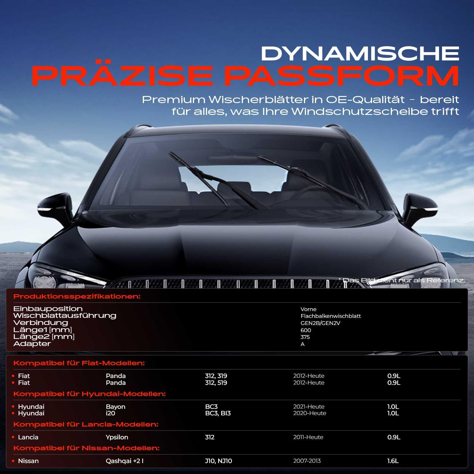 Frankberg 2x Limpiaparabrisas Escobillas Limpiaparabrisas Delantero 600mm/375mm Compatible con Qashqai +2 I J10 NJ10, 312 319, i20 BC3 BI3, Van 312 519, Bayon BC3, Ypsilon 312