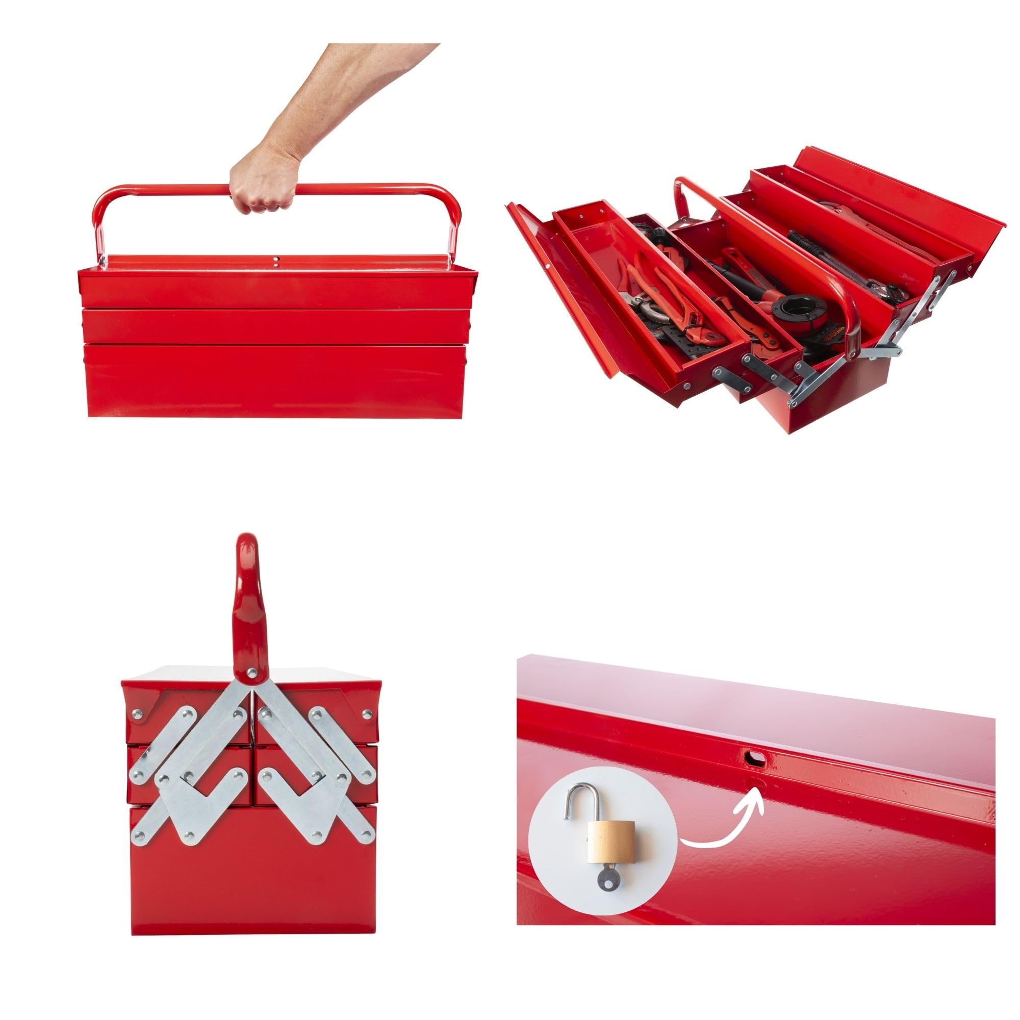 Toolland Cassetta degli attrezzi in metallo 530 x 200 x 200 mm, 5 scomparti sistema cantilever, valigetta porta attrezzi rossa con vassoi apribili, grande box porta utensili con maniglia